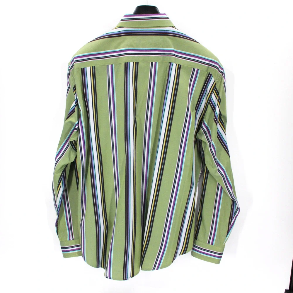 Robert Graham Green Color Stripe Cotton Flip Cuff Button Long Sleeve Shirt 2XL
